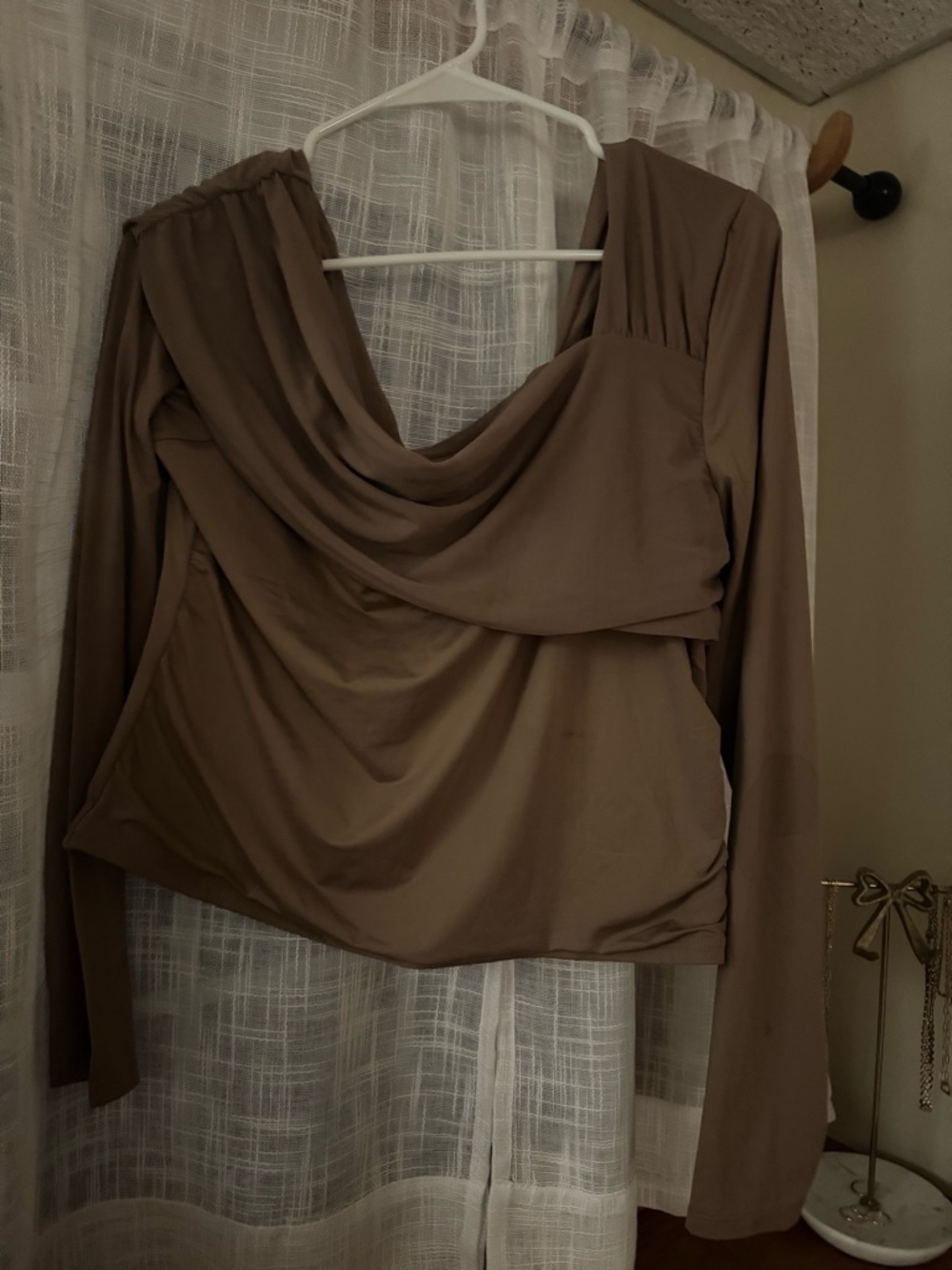 Draped Long-Sleeve Women’s Top in Taupe